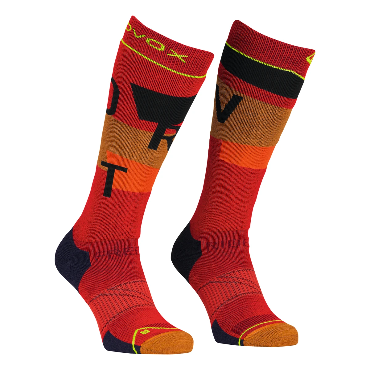 ORTOVOX Freeride Long Socks Cozy – rote Skitourensocken mit orangefarbenen Zehen, schwarzen Fersen und gelbgrünen Linien