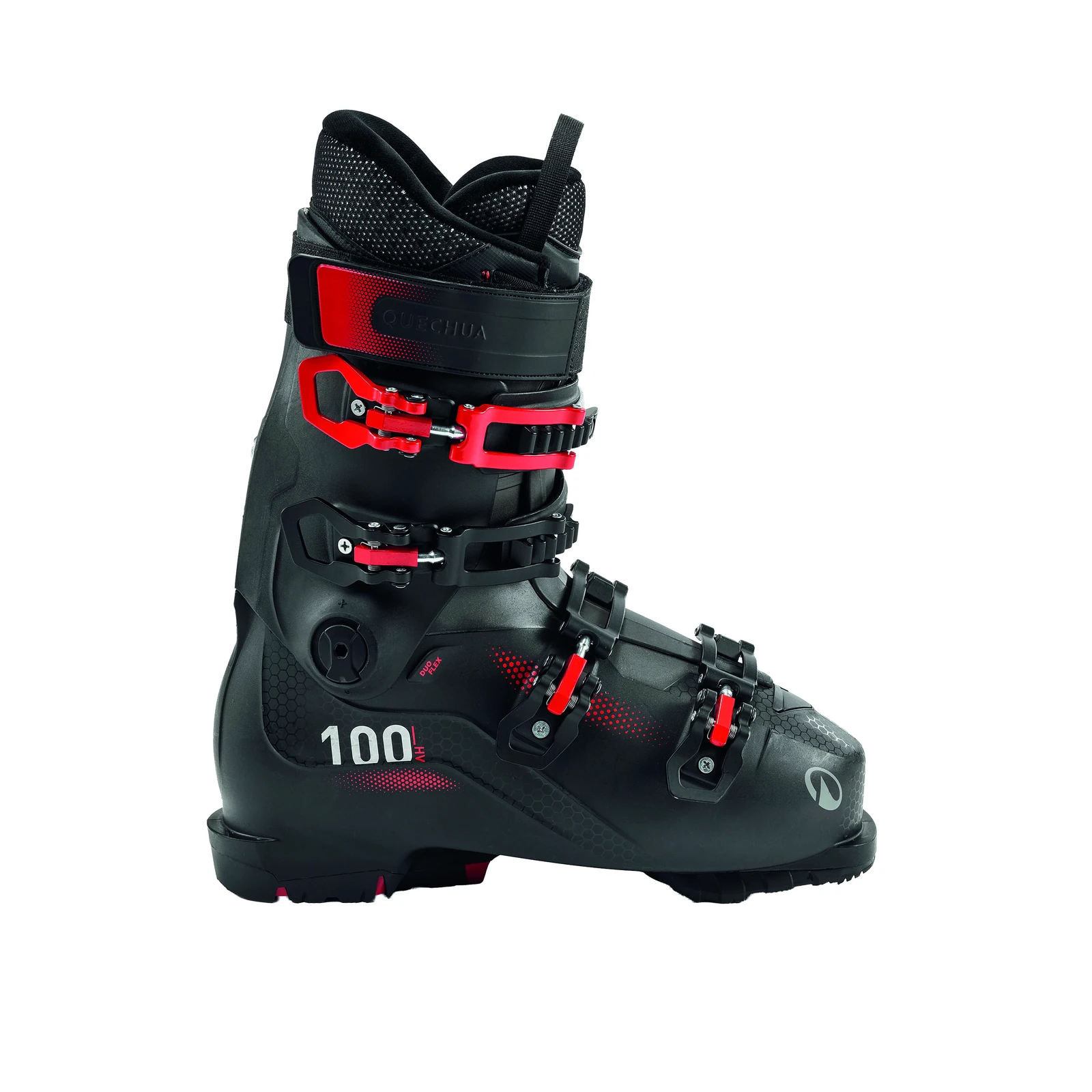 DECATHLON SKB 500 PST 100 Herren – schwarzer Skitourenschuh mit vier rot-schwarzen Schnallen, breitem Schaftriemen und schwarzer Sohle
