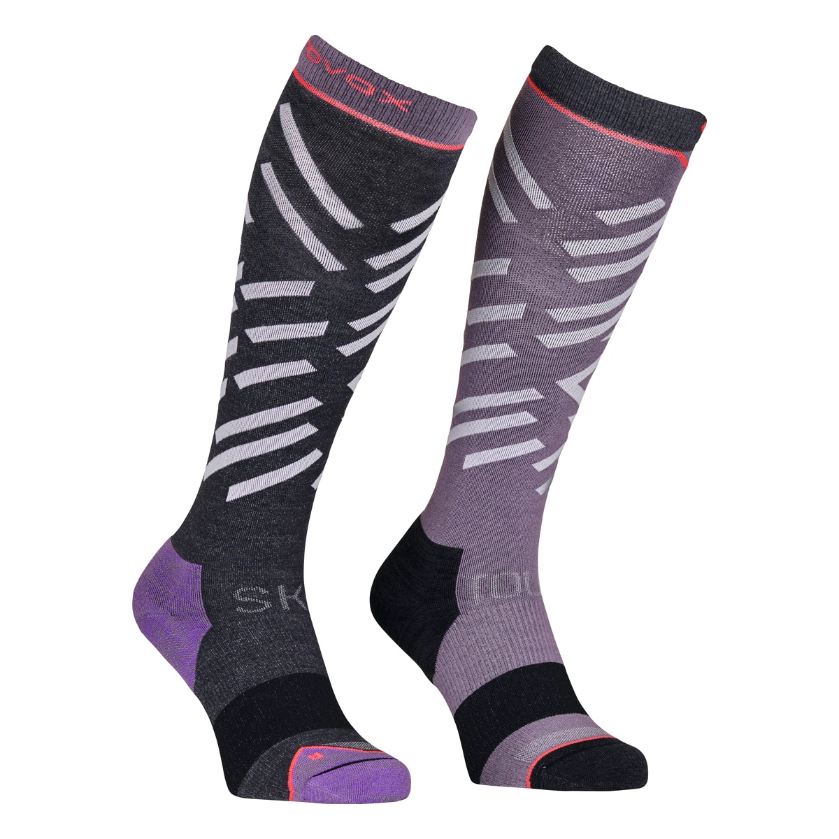 ORTOVOX Ski Tour Long Socks – schwarz-violette Skitourensocken mit langem Schaft, hellgrauen Streifen und roten Linien