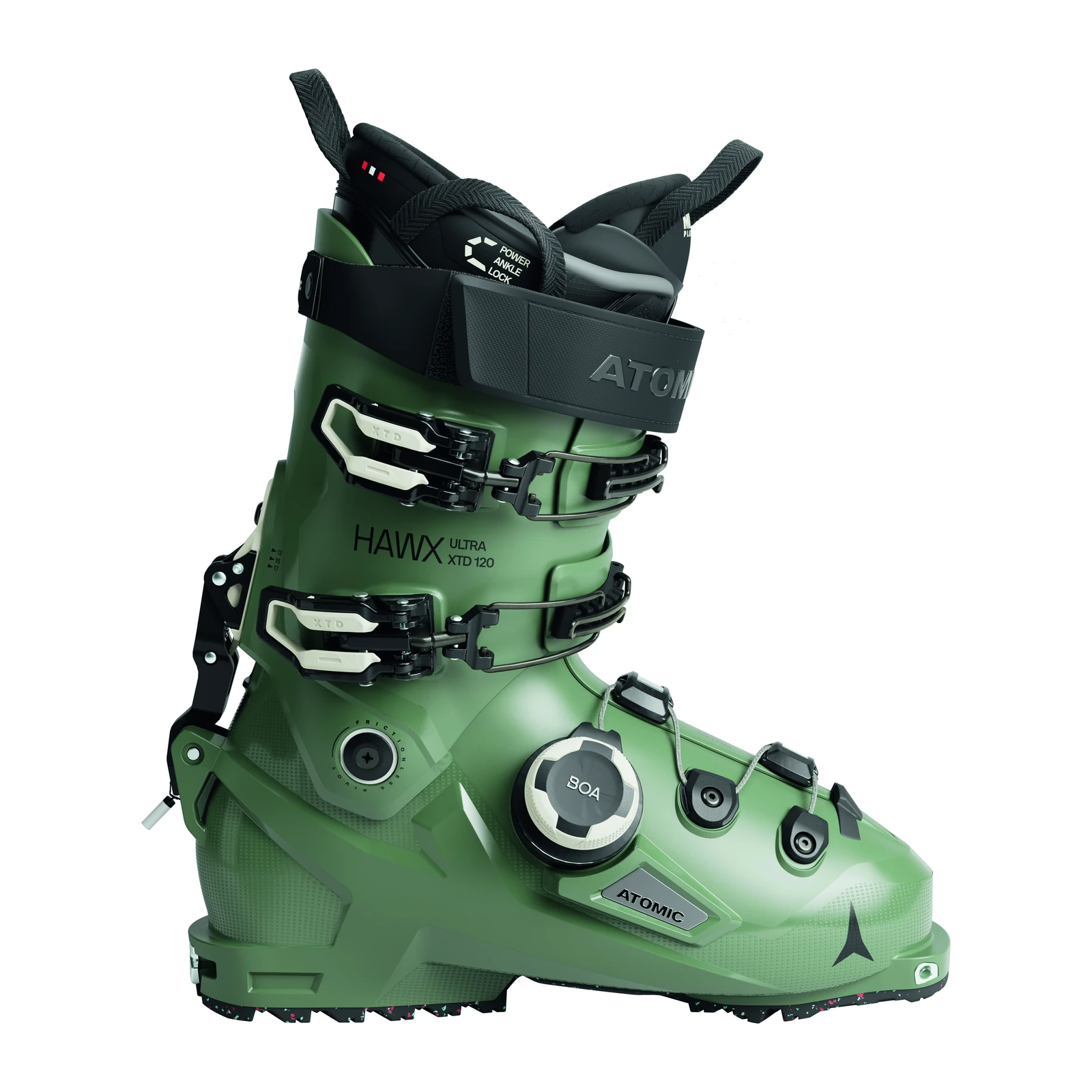 ATOMIC Hawx Ultra XTD 120 BOA – grüner Skitourenschuh mit schwarzen Schnallen, Drehverschluss, Schaftband und schwarzer Profilsohle