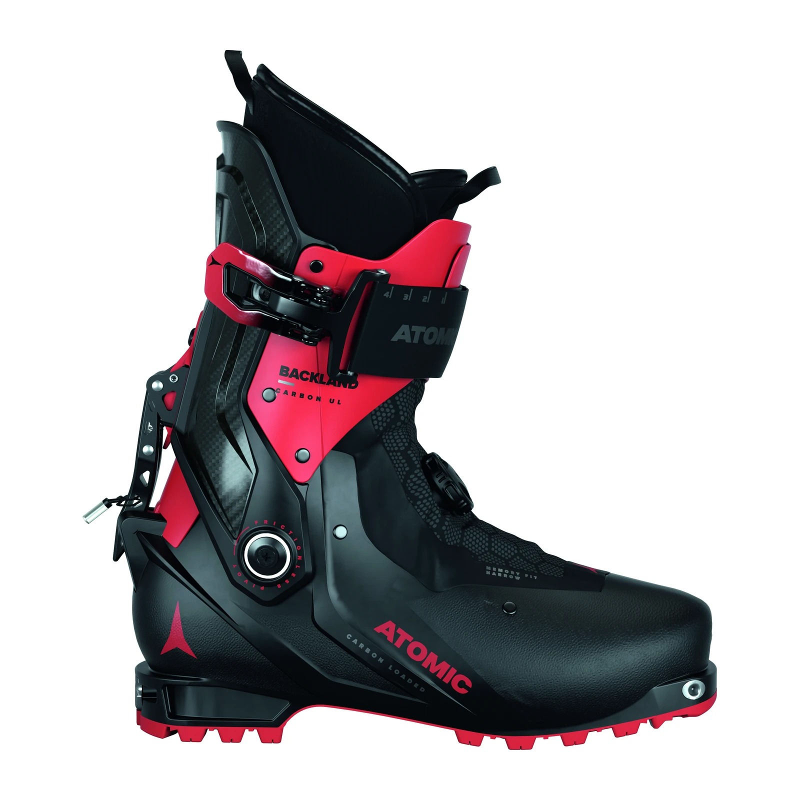 ATOMIC Backland Carbon UL – schwarzer Skitourenschuh mit roten Schaftteilen, roter Profilsohle, schwarzer Schnalle und Drehverschluss