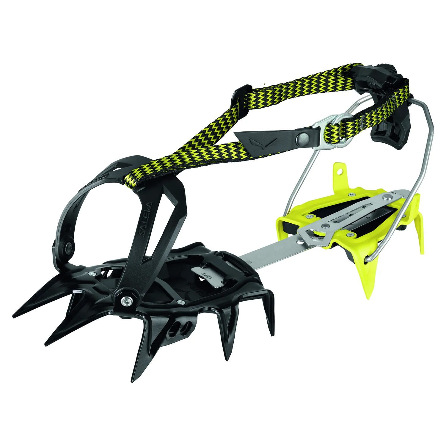 Salewa ALPINIST COMBI – schwarze Steigeisen mit gelben Antistollplatten und schwarz-gelbem Riemen