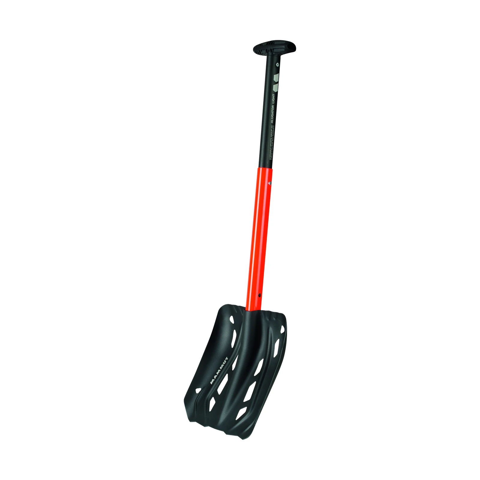 MAMMUT Alugator Light – schwarze Lawinenschaufel mit gelochtem Blatt, rot-schwarzem Schaft und T-Griff