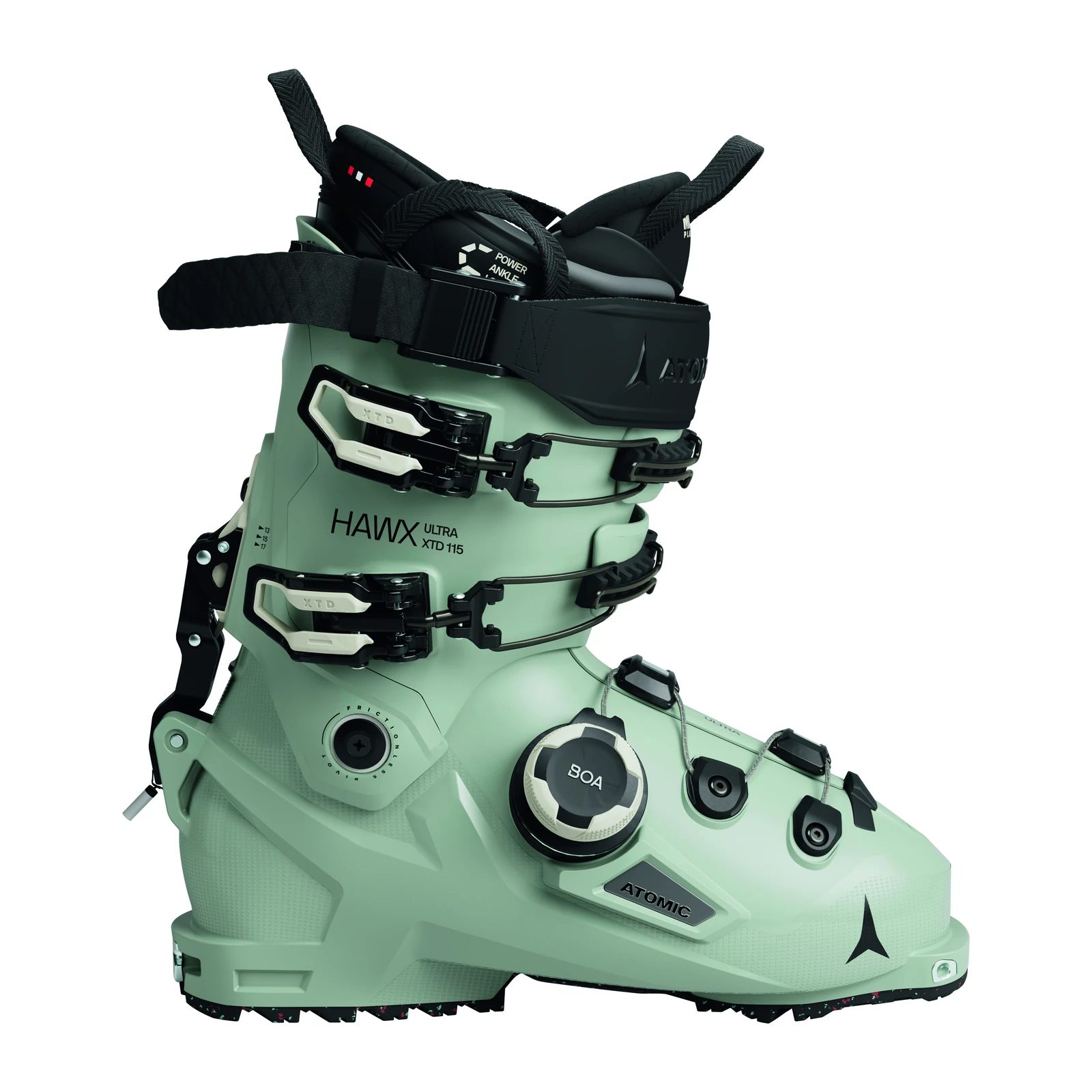 ATOMIC Hawx Ultra XTD 115 BOA W – mintgrüner Skitourenschuh mit schwarzen Schnallen, Drehverschluss, schwarzem Schaftband und Profilsohle