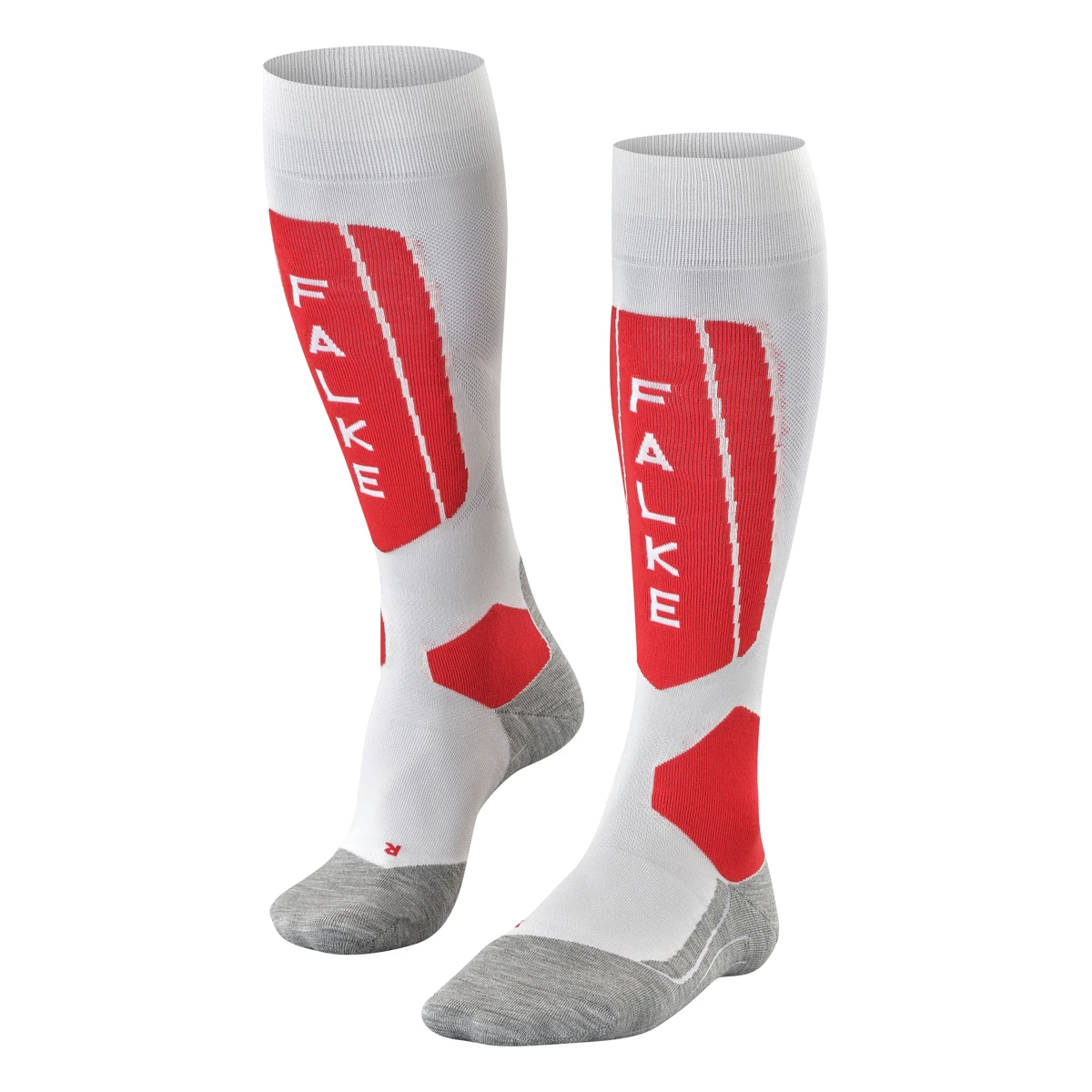 FALKE SK5 Expert – weiße Skitourensocken mit roten Flächen, grauen Zehen und Fersen und FALKE-Schriftzug