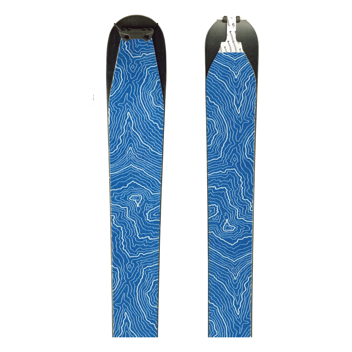 CONTOUR Hybrid Mix – blaue Steigfelle mit weißen Wellenlinien und Befestigungsbügeln auf schwarzen Ski
