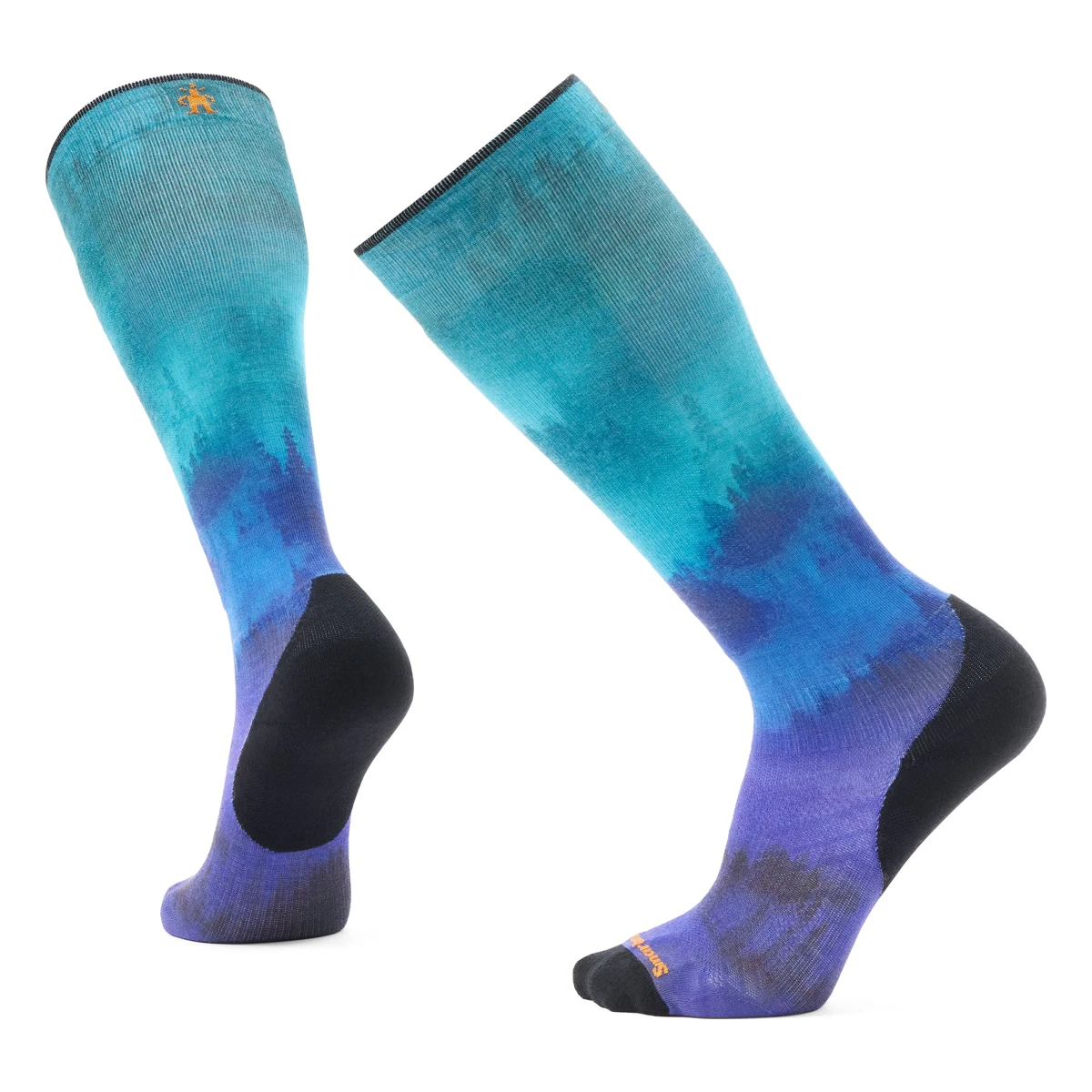 SMARTWOOL Ski Targeted Cushion Compression Print OTC Socks – türkis-blaue Skitourensocken mit violetten Füßen, schwarzen Fersen und Zehen sowie langen Schäften