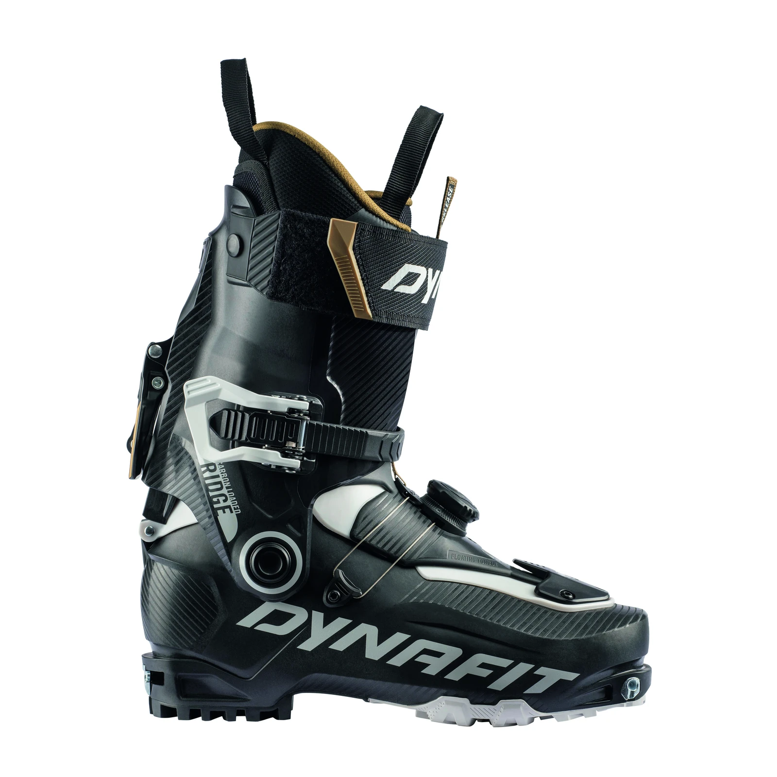 DYNAFIT Ridge Pro W – schwarzer Skitourenschuh mit weißer Schnalle, Drehverschluss, Schaftband und goldfarbenem Rand