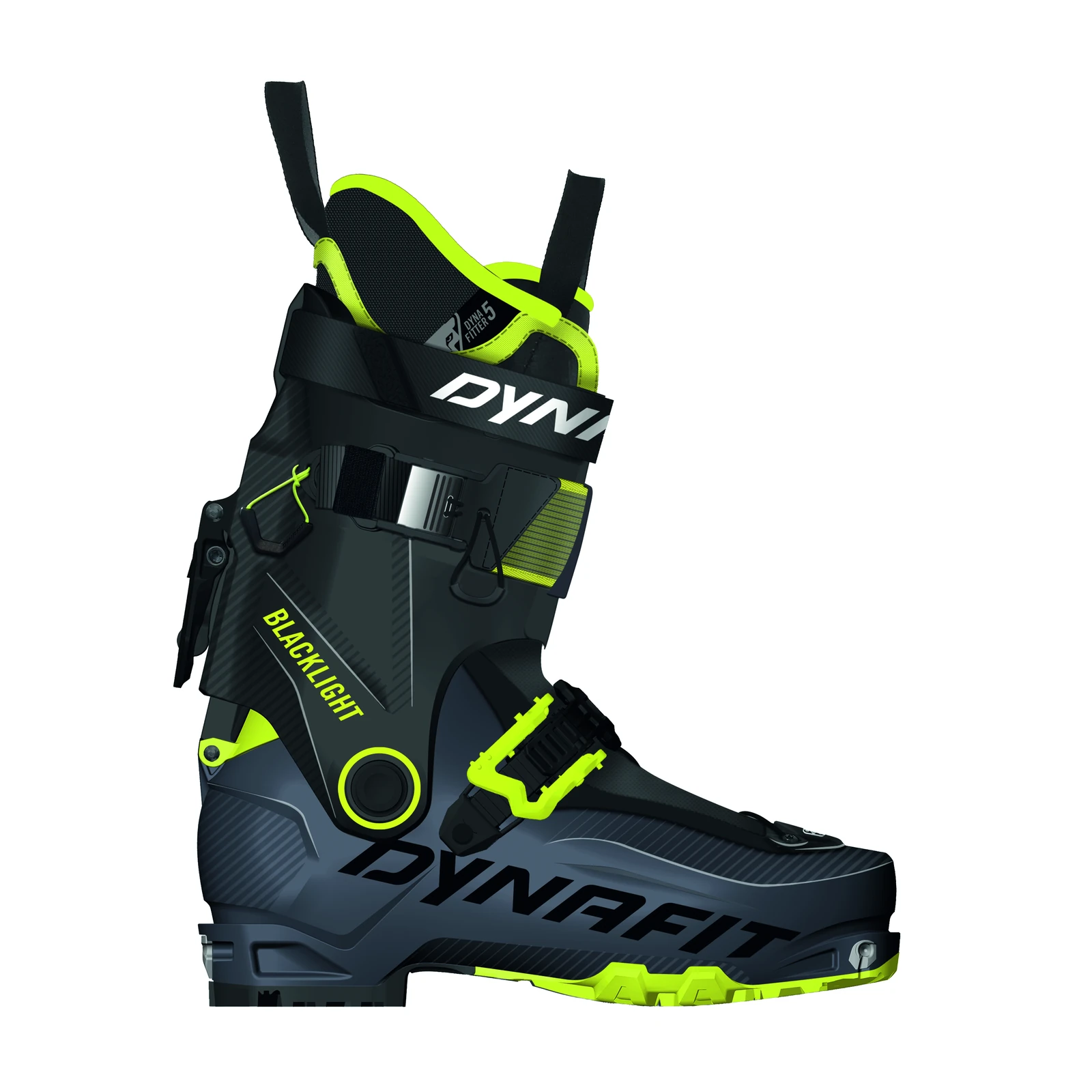 DYNAFIT BLACKLIGHT Boot M – schwarz-grauer Skitourenschuh mit neongelben Details, Schnallen, Schaftband und Profilsohle