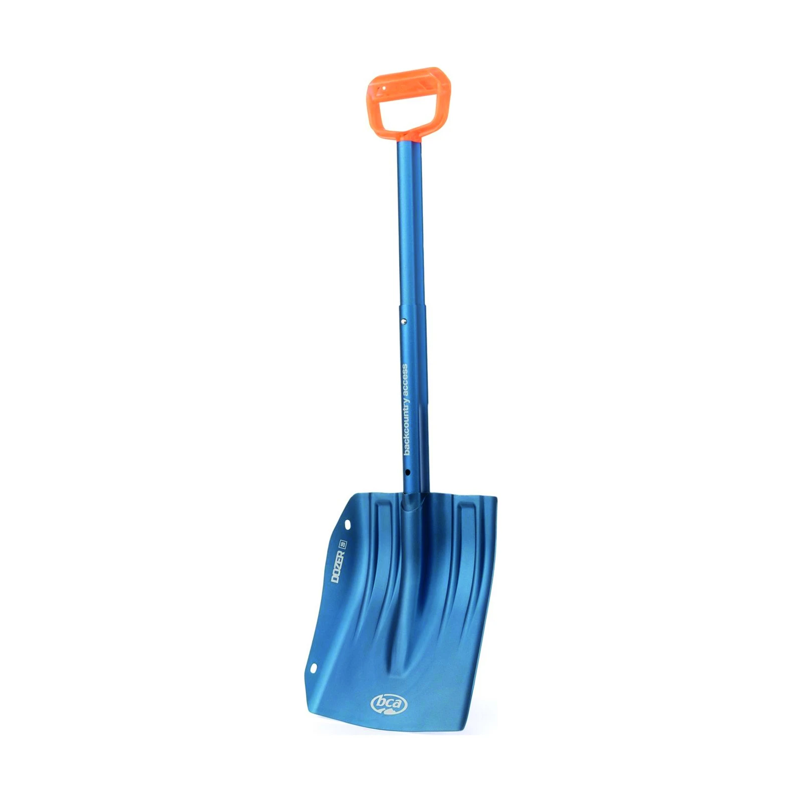 BCA Dozer 2D – blaue Lawinenschaufel mit orangefarbenem D-Griff, langem Schaft und geripptem Blatt