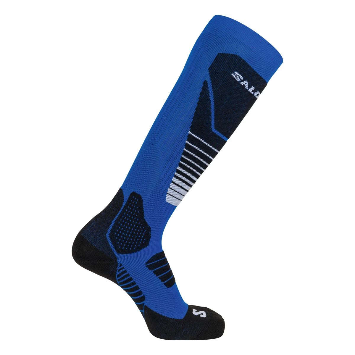 SALOMON S/PRO – blaue Skitourensocke mit langem Schaft, schwarzen Flächen und weißen Streifen