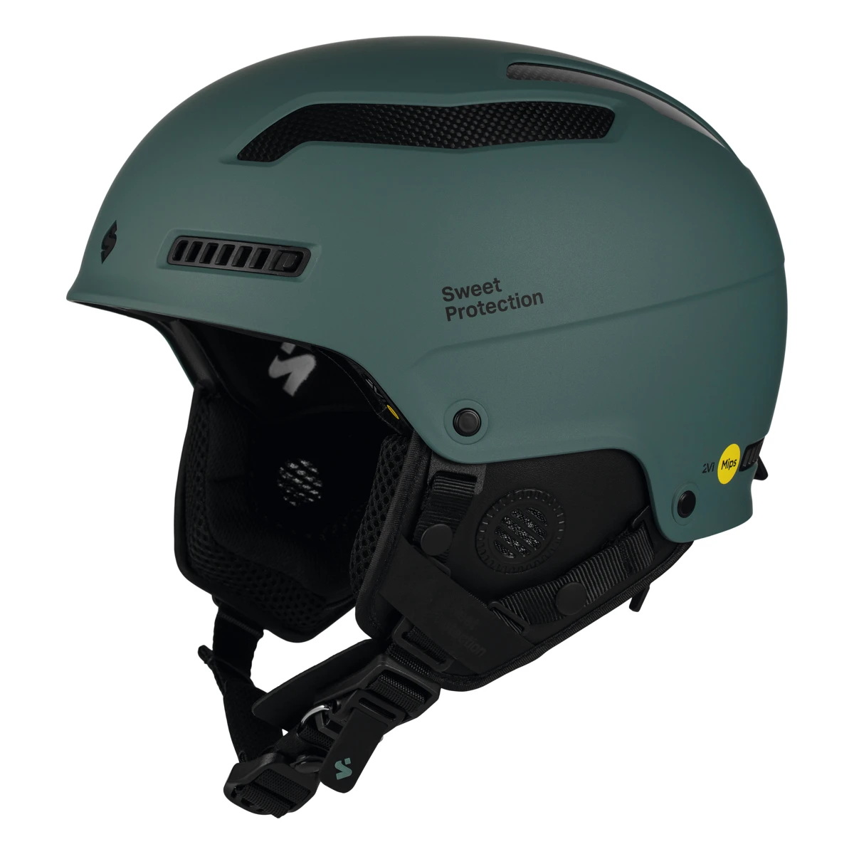SWEET PROTECTION Trooper 2Vi Mips – dunkelgrüner Skihelm mit Lüftungsschlitzen, schwarzen Ohrpolstern und Kinnriemen