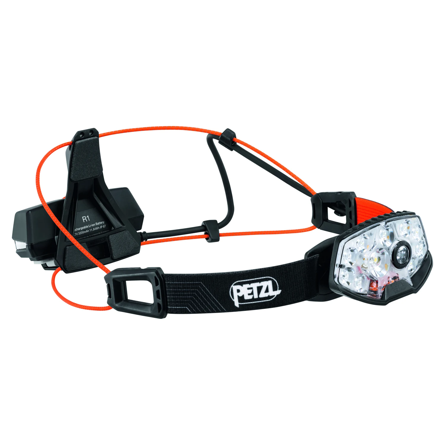 Petzl Nao RL – schwarz-weiße Stirnlampe mit orangefarbenen Verbindungskabeln und rückseitigem Akku