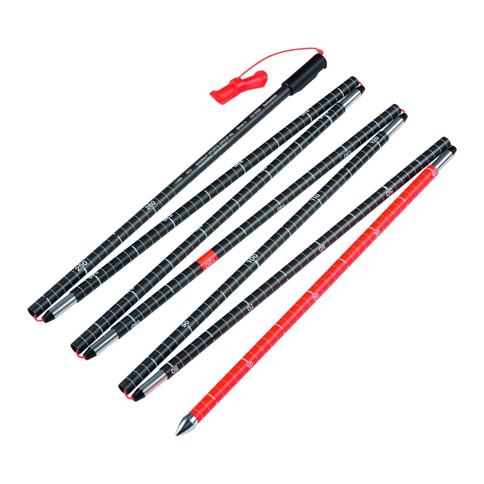 MAMMUT Carbon Probe 280 speed lock – schwarz-rote Lawinensonde mit weißen Skalenstrichen, silberner Spitze und rotem Zuggriff
