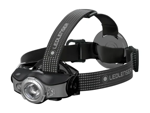 Ledlenser MH 11 Stirnlampe in Schwarz-Orange – Produktbild mit Details zu Funktionen und App-Steuerung.