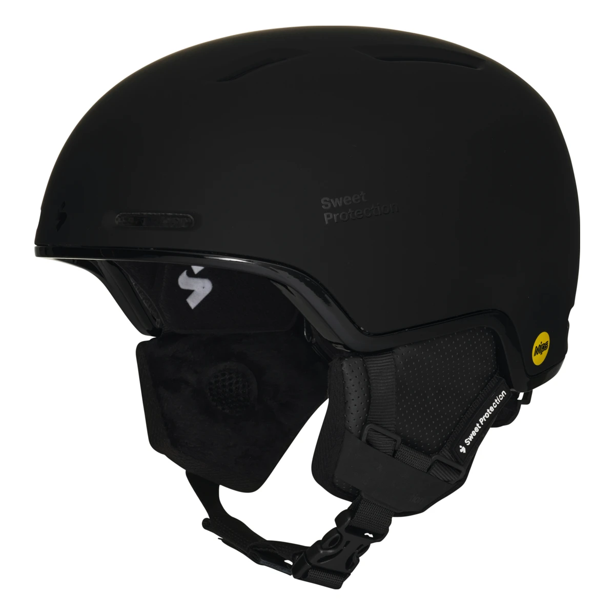 SWEET PROTECTION Looper Mips – schwarzer Skihelm mit Lüftungsschlitzen, Ohrpolstern, Kinnriemen und gelbem ovalem Aufkleber