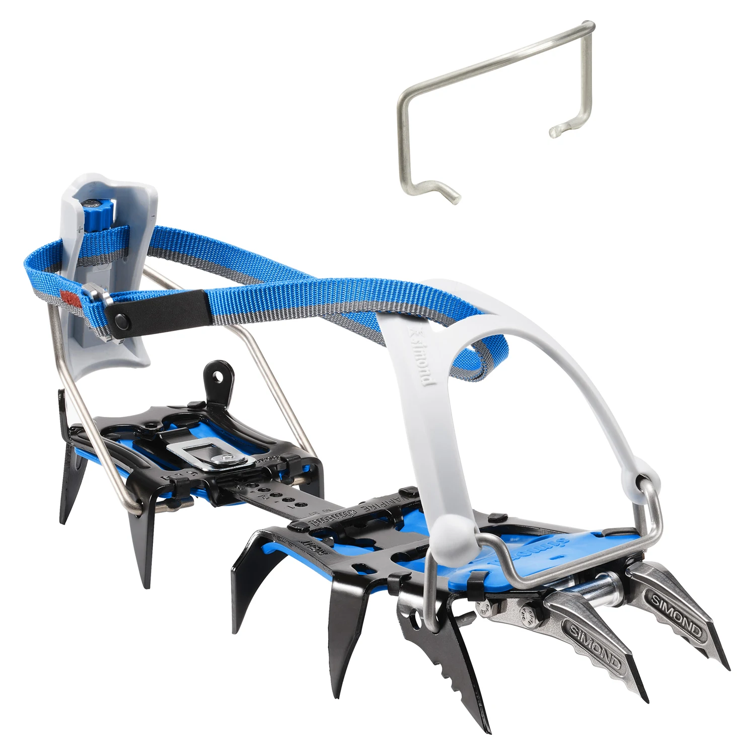 Decathlon SIMOND Vampire Mixte – blaue Steigeisen mit Frontbügel, weißem Wechselkörbchen und gezackten Frontspitzen