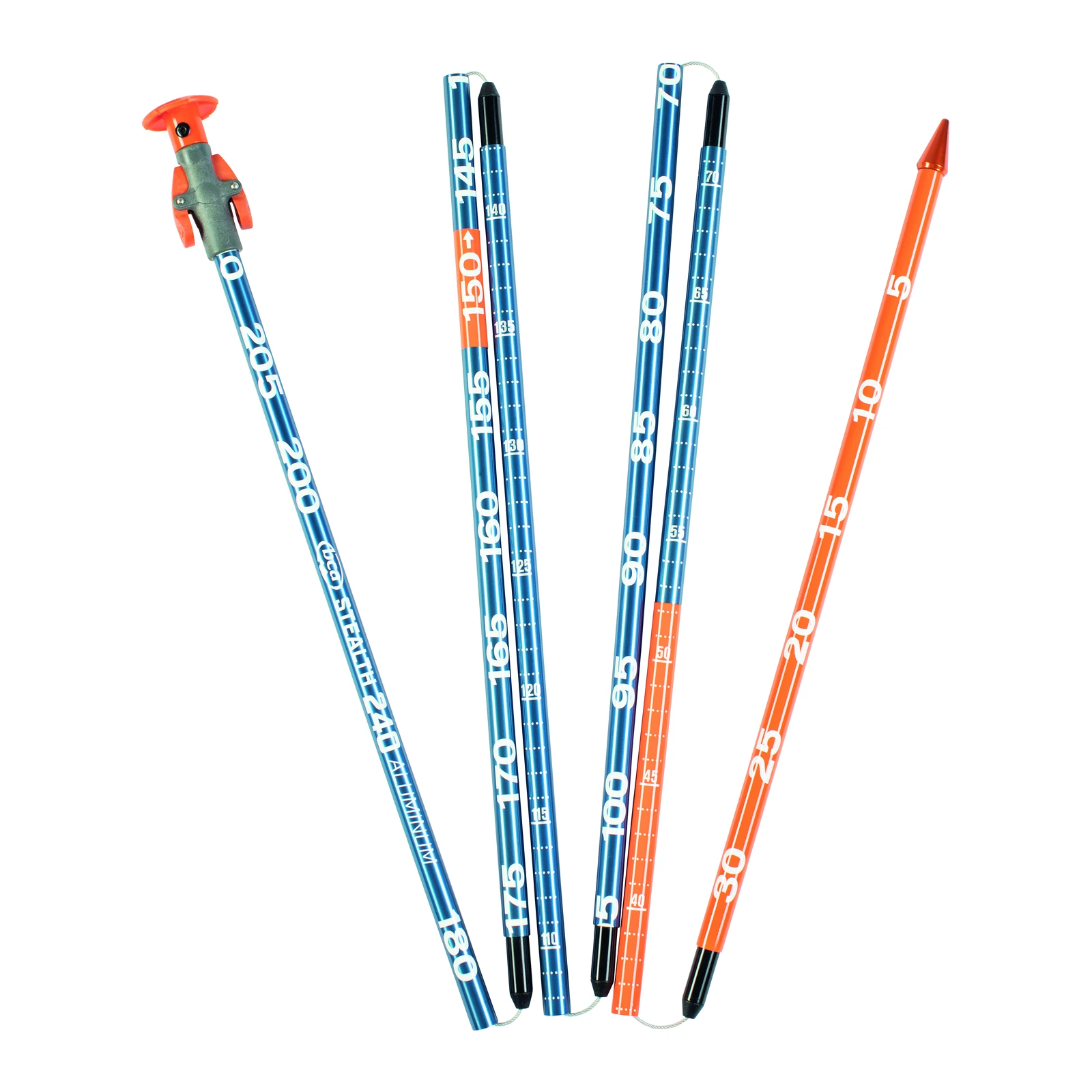 BCA Stealth 240 – blau-orange Lawinensonde mit weißen Skalen, schwarzen Verbindungsstücken und orangefarbener Spitze