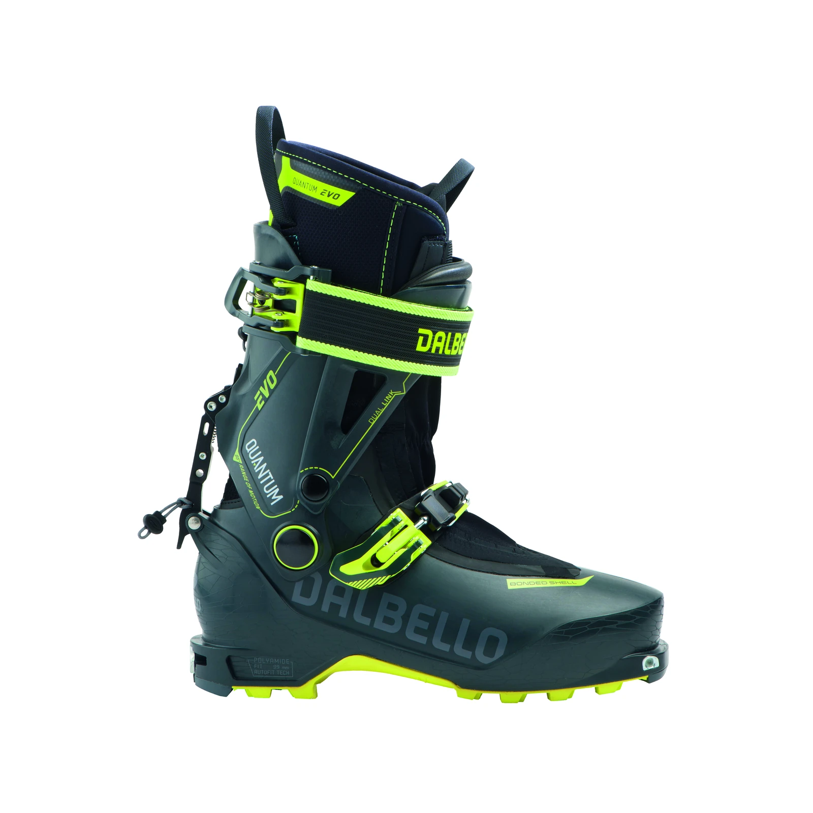 DALBELLO Quantum EVO – dunkelgrüner Skitourenschuh mit neongelben Schnallen, breitem Schaftgurt und Profilsohle