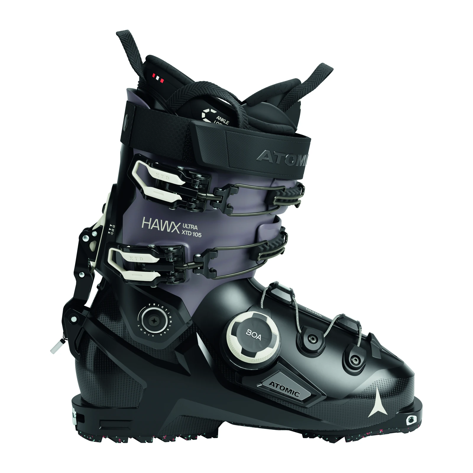 ATOMIC Hawx Ultra XTD 105 BOA W – schwarzer Skitourenschuh mit violettem Schaft, zwei Schnallen, Drehknopf und schwarzem Riemen