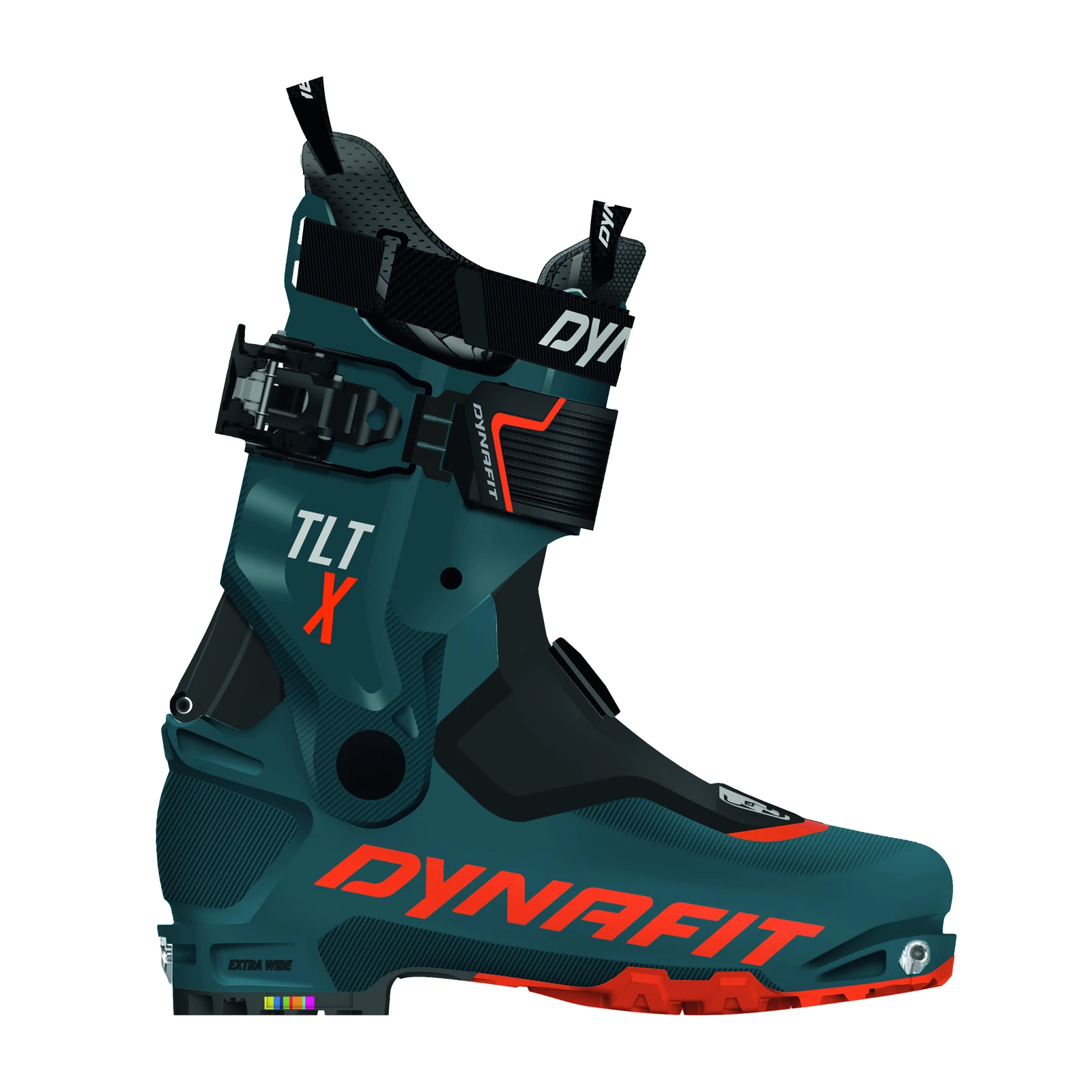 DYNAFIT TLT X Extra Wide Boot M – petrolfarbener Skitourenschuh mit schwarzen Riemen, Schnalle und orange-roter Profilsohle