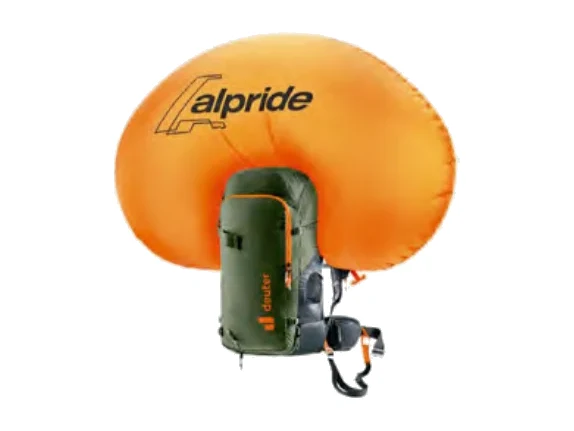 Deuter Alproof Tour Lawinenairbag-Rucksack in Grün – Produktbild. TÜV-zertifiziert, Alpride E2, hoher Tragekomfort.