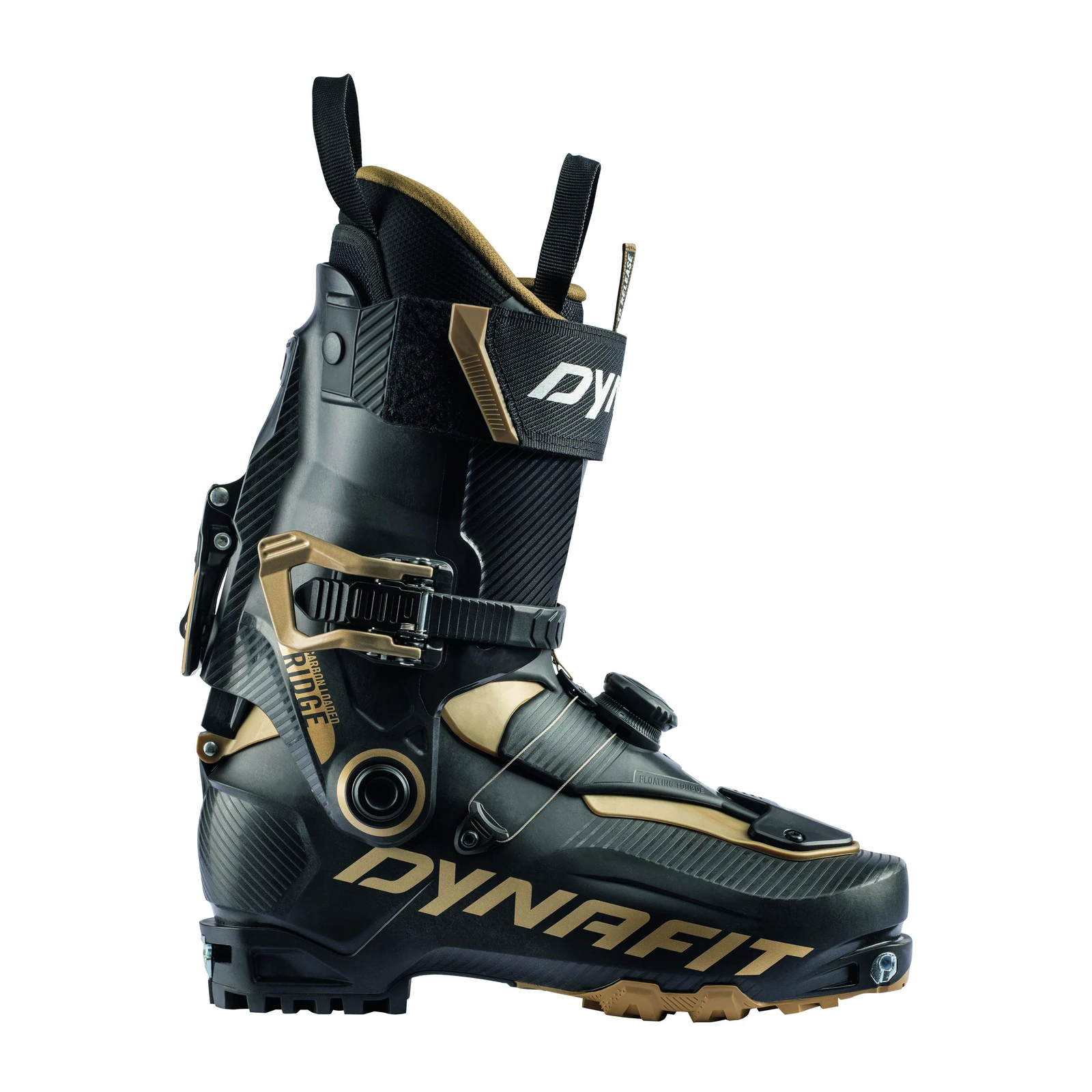 DYNAFIT Ridge Pro M – schwarzer Skitourenschuh mit goldfarbenen Details, Schnalle, Drehverschluss und schwarzem Schaftband