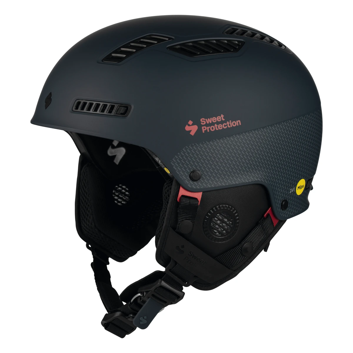 SWEET PROTECTION Igniter 2Vi Mips – dunkelgrauer Skihelm mit Lüftungsschlitzen, schwarzen Ohrpolstern, Kinnriemen und roter Schrift