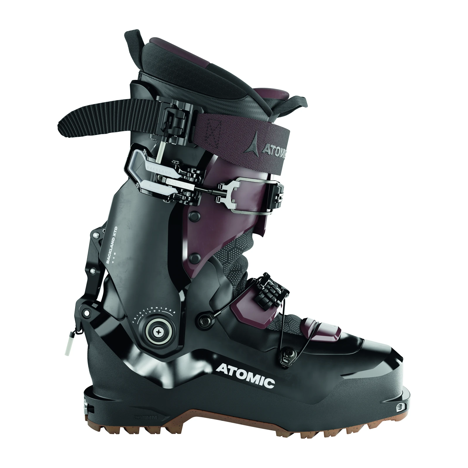 ATOMIC Backland XTD Carbon 115 W – schwarzer Skitourenschuh mit violetten Einsätzen, Schnallen, breitem Schaftband und brauner Profilsohle