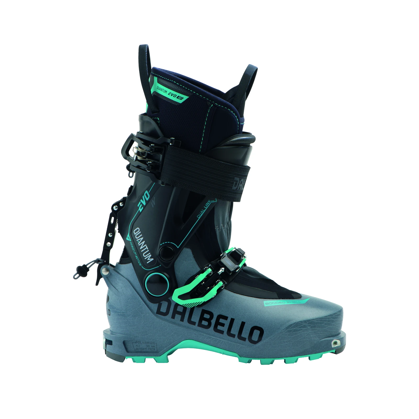 DALBELLO Quantum EVO W – grau-schwarzer Skitourenschuh mit mintgrünen Details, Schnallen, schwarzem Schaftband und Profilsohle