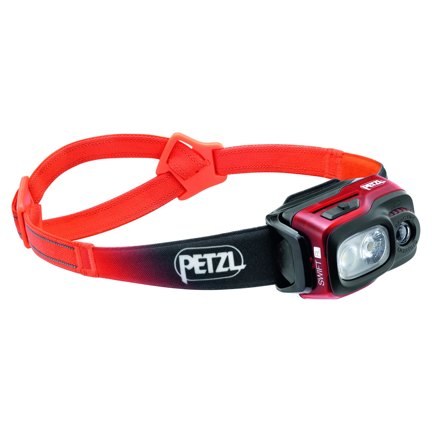 Petzl Swift RL – Stirnlampe mit rotem Kopfband und schwarz-rotem Lampengehäuse