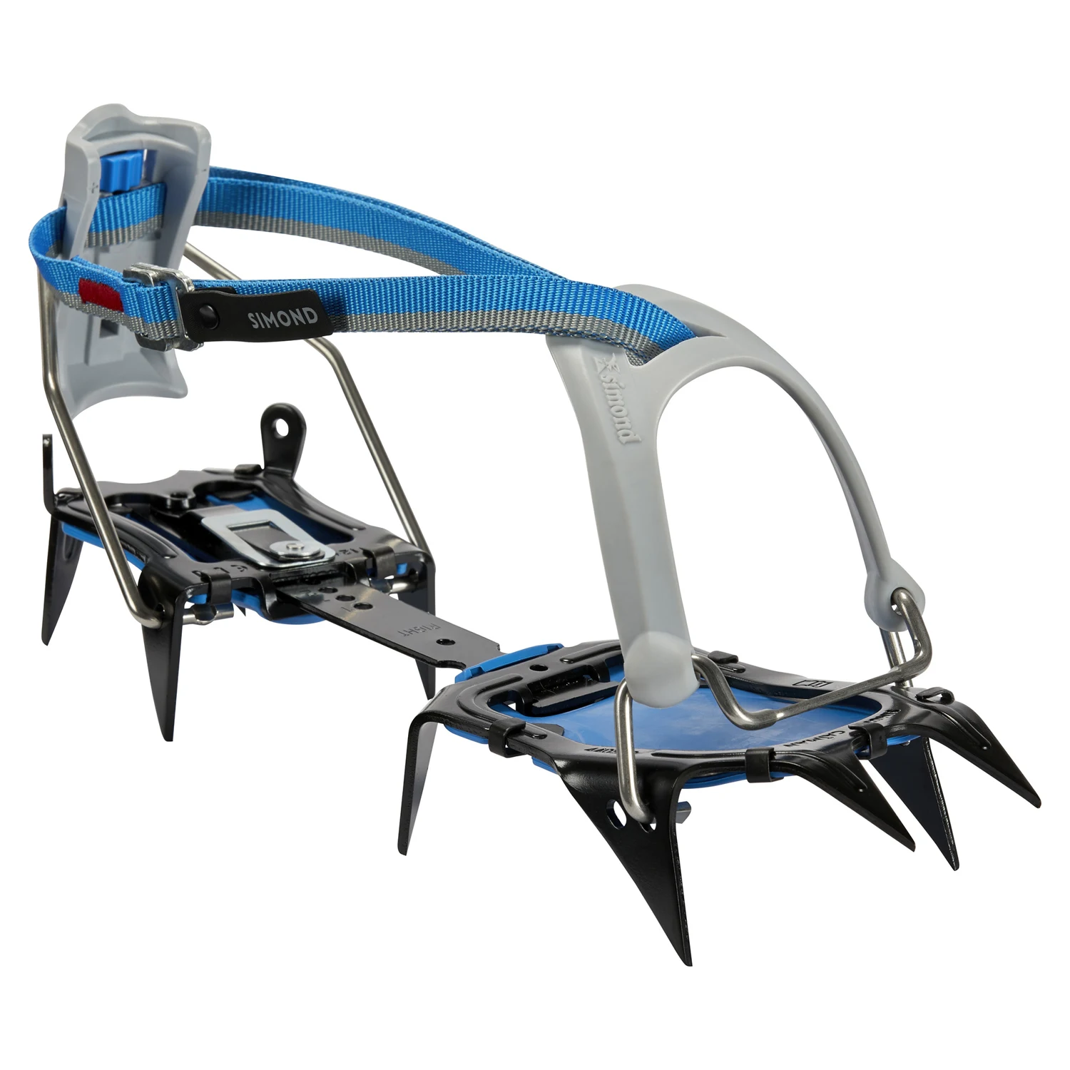 Decathlon SIMOND Caiman – blaue Steigeisen mit weißem Frontkörbchen und schwarzem Fersenhebel