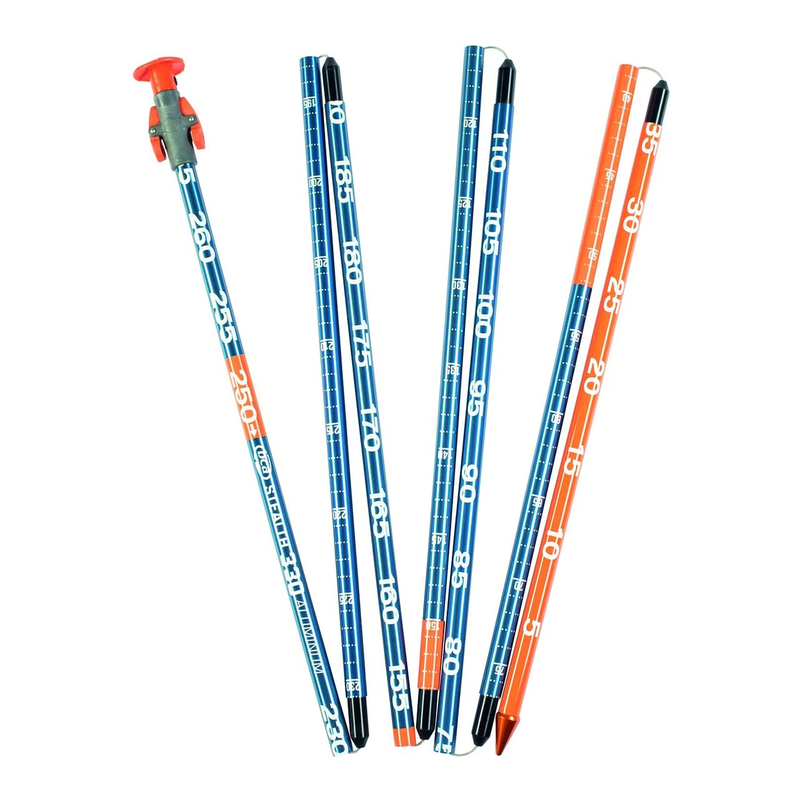 BCA Stealth 330 – blau-orange Lawinensonde mit weißen Skalen, schwarzen Verbindungsstücken und orangefarbener Spitze