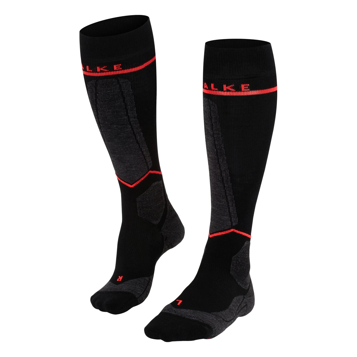 FALKE SK Compression Energy – schwarze, kniehohe Skitourensocken mit dunkelgrauen Partien, roten Linien und roter Schrift