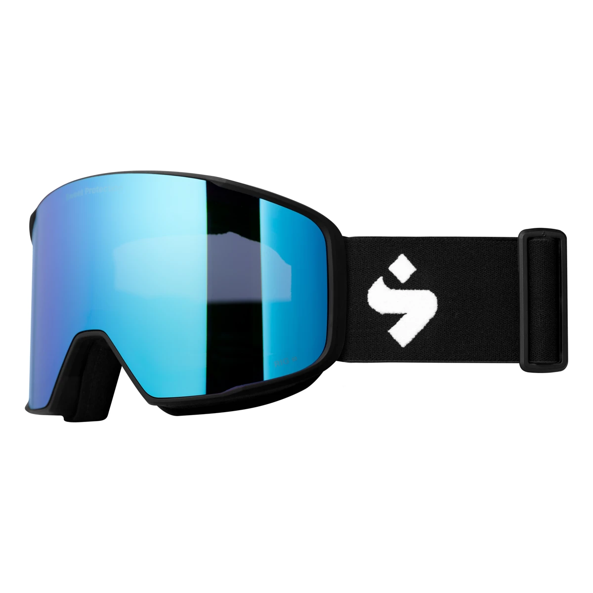 SWEET PROTECTION Boondock RIG® Reflect – schwarze Skibrille mit blau verspiegelter Scheibe und schwarzem Band mit weißem Symbol