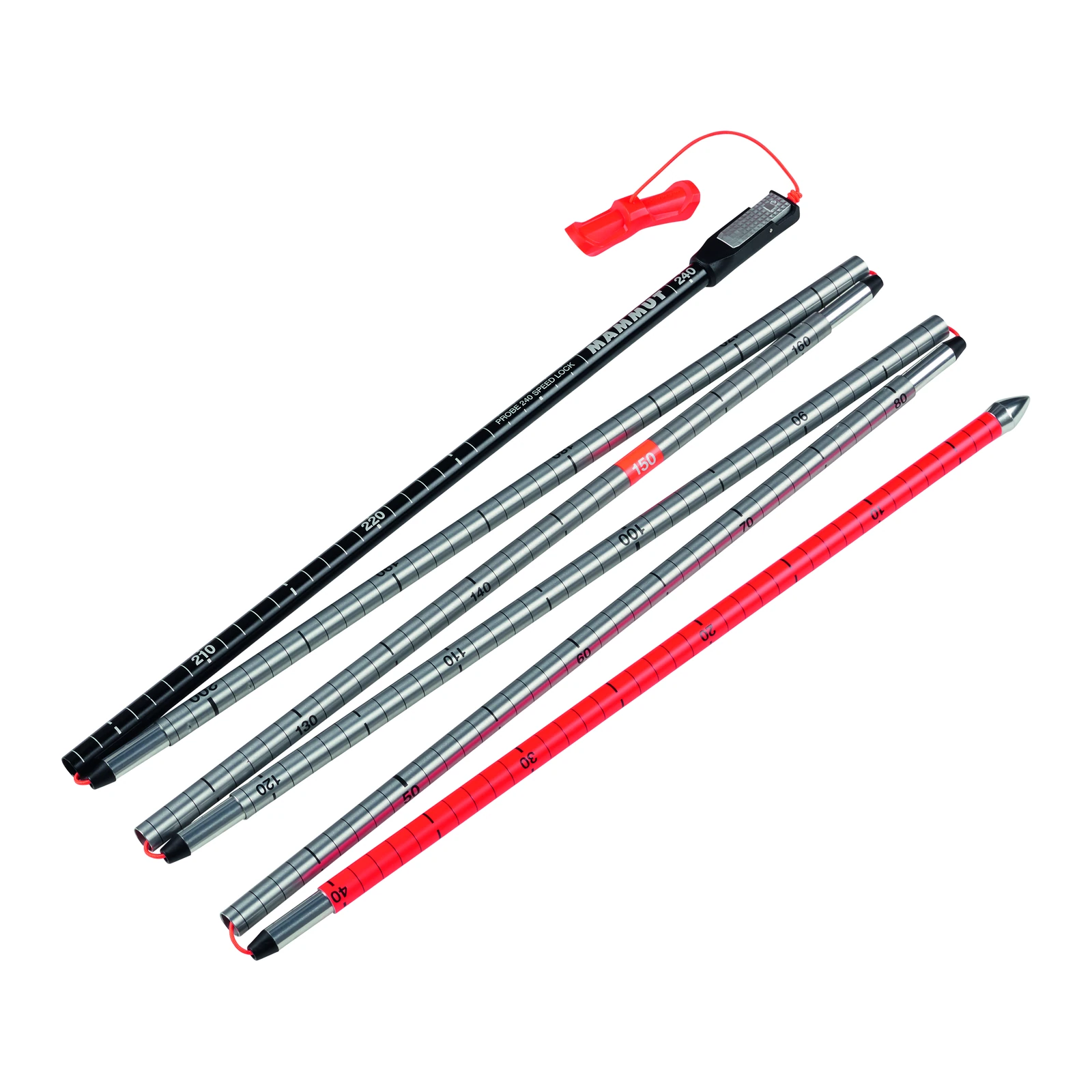 MAMMUT Probe 240 speed lock – silber-schwarz-rote Lawinensonde mit segmentierten Stäben, Skala, Metallspitze und rotem Zuggriff