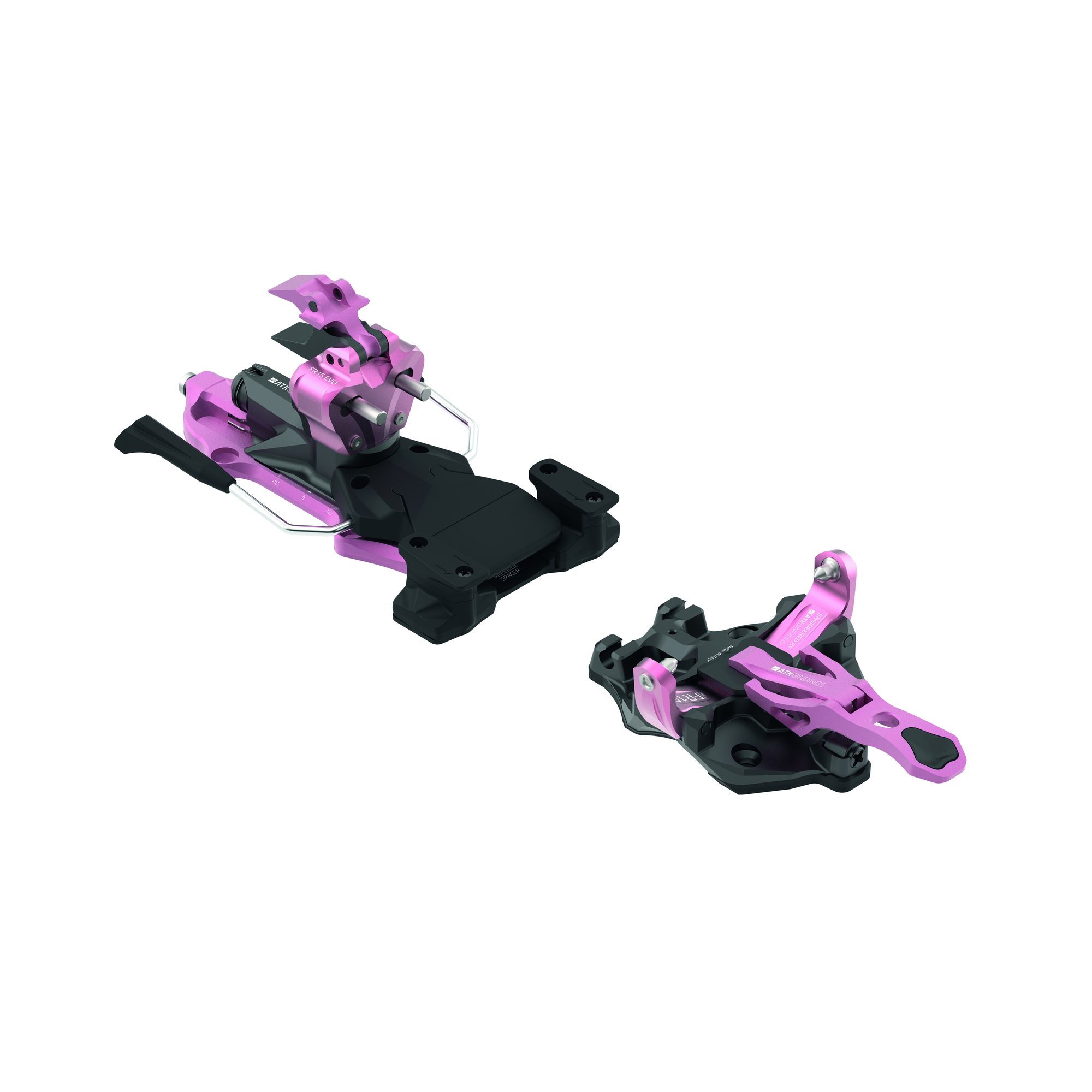 ATK BINDINGS Freeraider 15 EVO – silber-grüne Skitourenbindung mit separatem Vorder- und Fersenteil, Pins und Bremsarmen