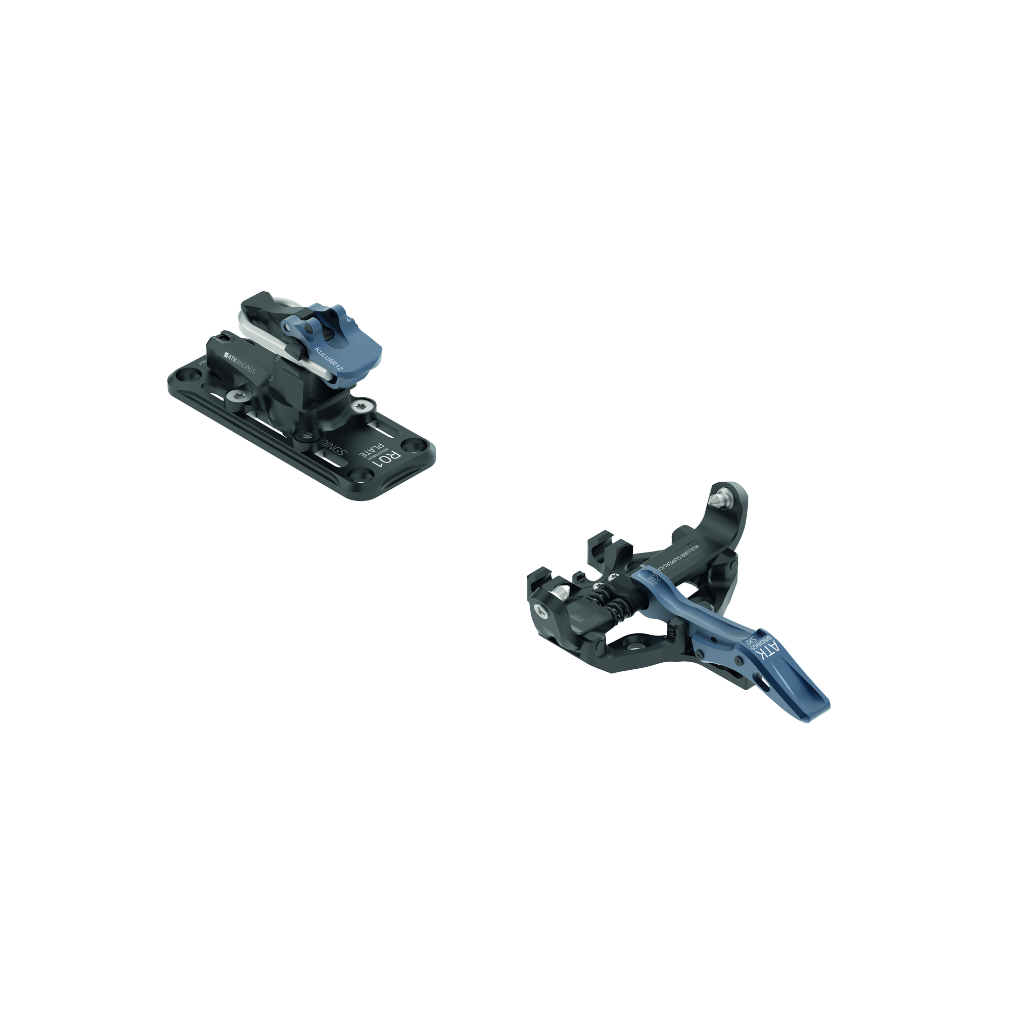 ATK BINDINGS Kuluar 12 Superlight – silberne Skitourenbindung mit goldfarbenen Hebeln, sichtbaren Federn und gelochter Montageplatte