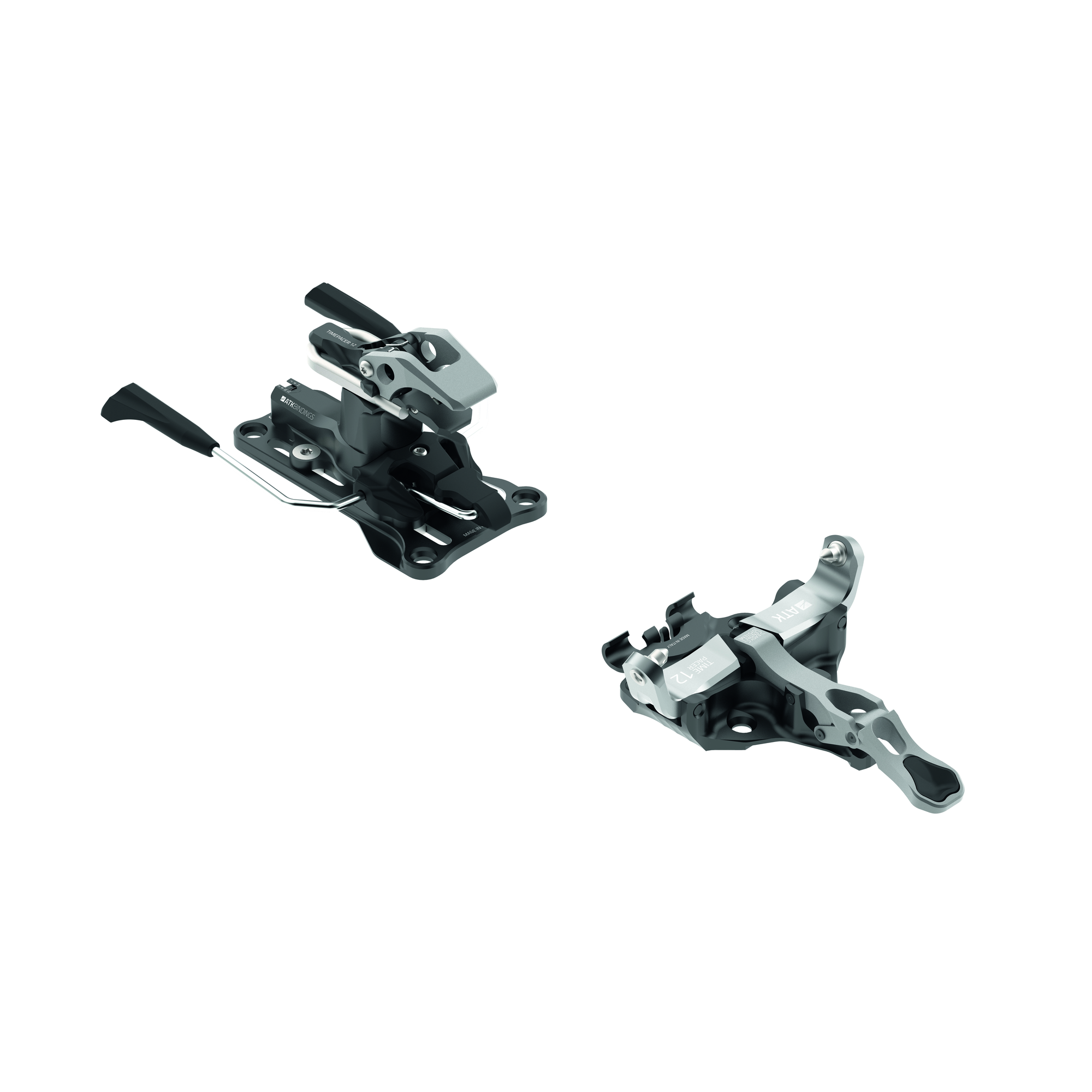 ATK BINDINGS Timepacer 12 – grau-schwarze Skitourenbindung mit Vorder- und Fersenteil, Bremsarmen und Schraublöchern