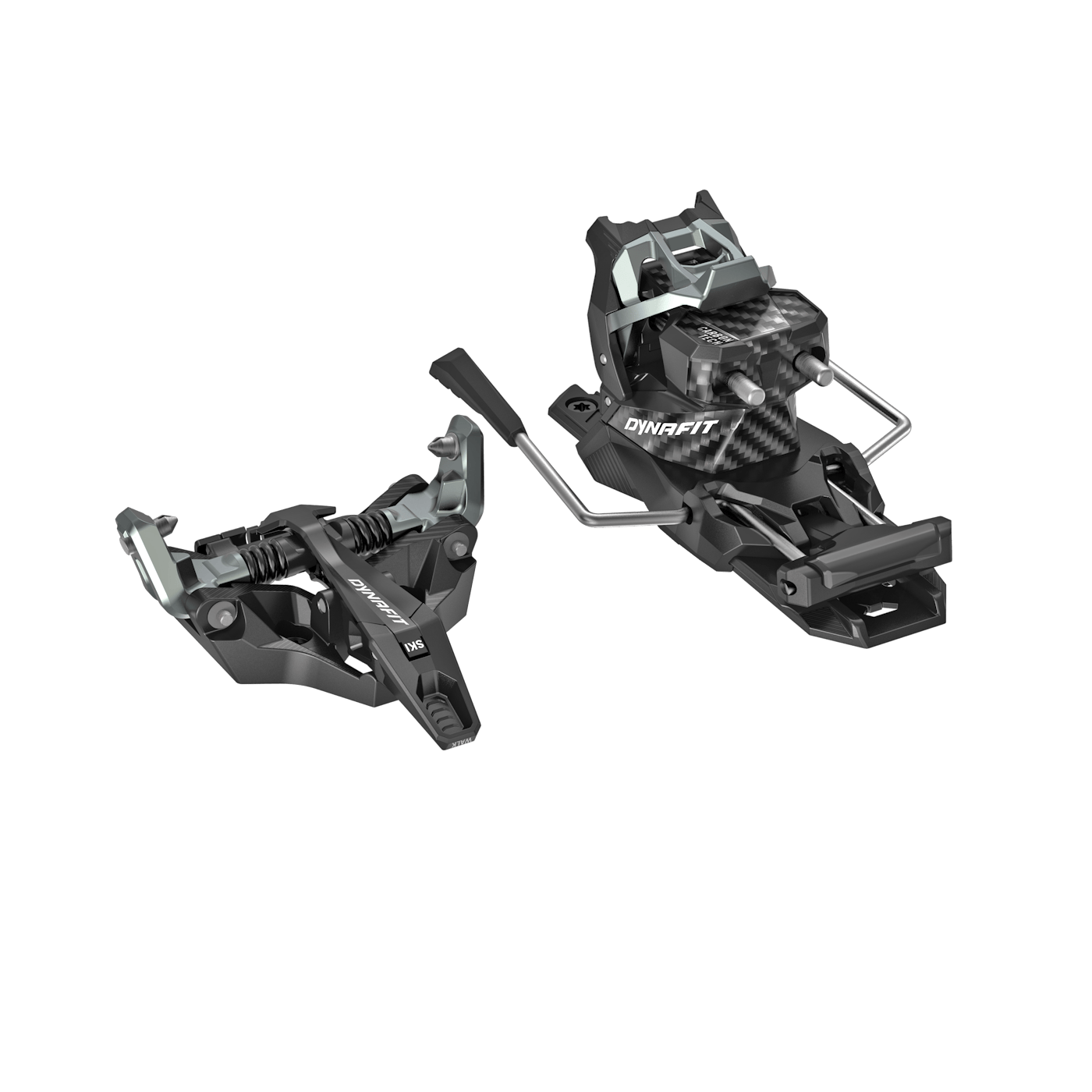 DYNAFIT Blacklight Carbon + – schwarz-graue Skitourenbindung mit silbernen Pins, Federn und Bremsarmen