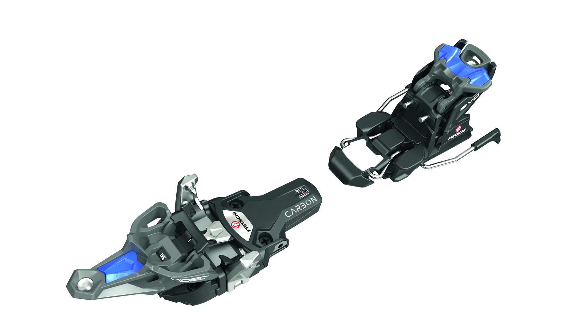 FRITSCHI Vipec Evo 12 – grau-schwarze Skitourenbindung mit gelben Einsätzen, Vorderbacken, Fersenteil und Bremsarmen