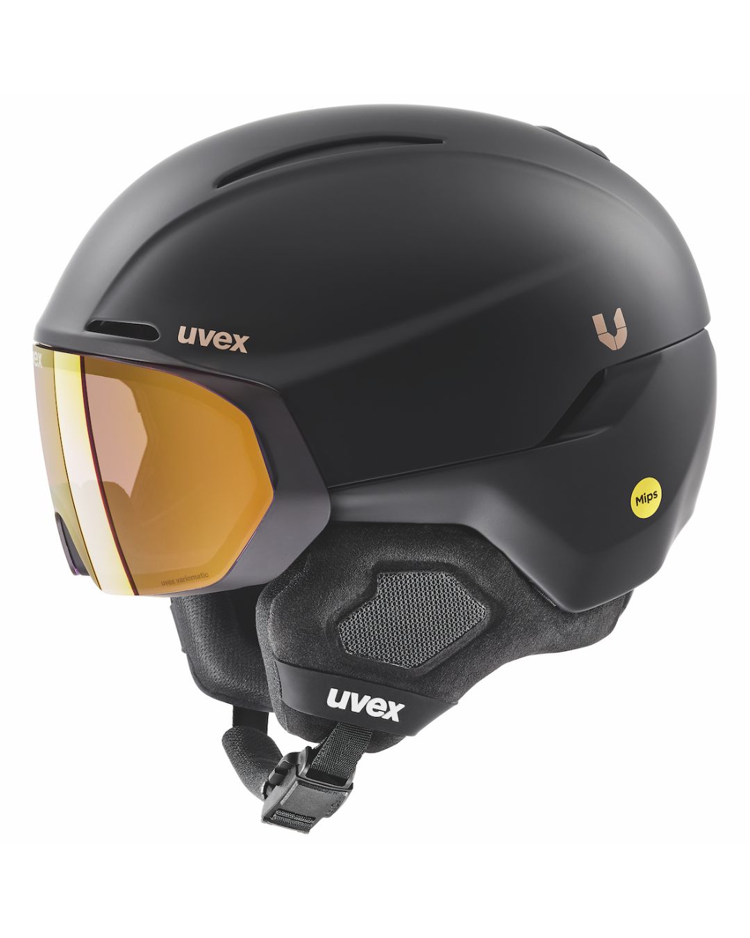 Black uvex visor helmet with a gold-coloured visor and visible MIPS marking.