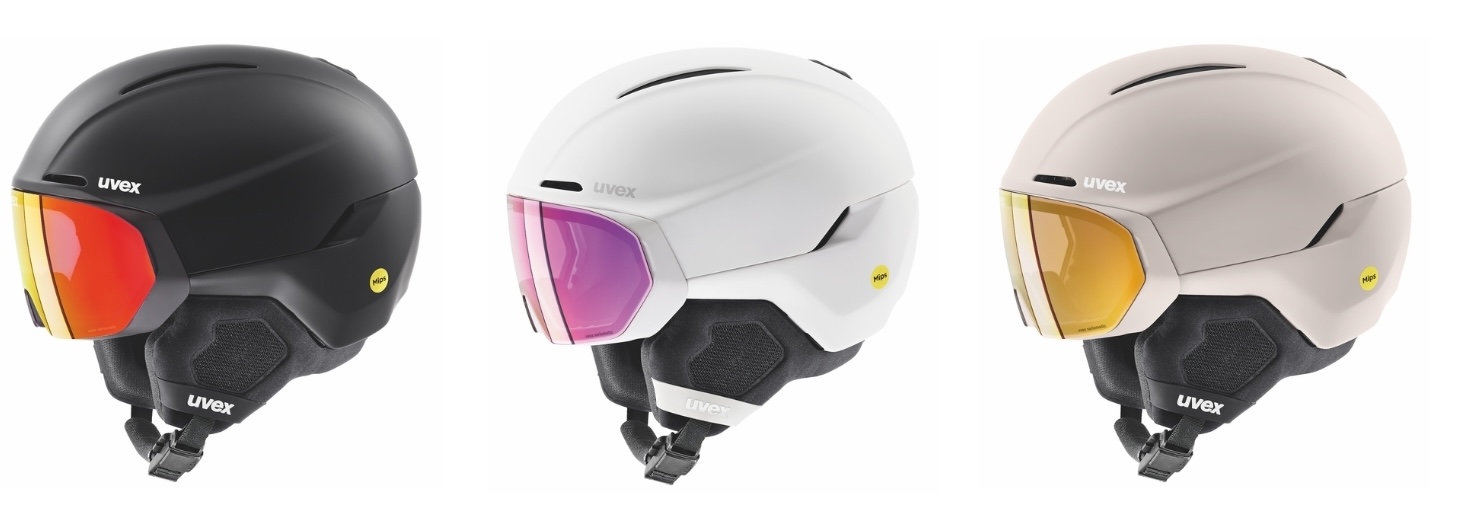Three colour variants of the uvex horizon family: black, white and warm grey with different visor tints.