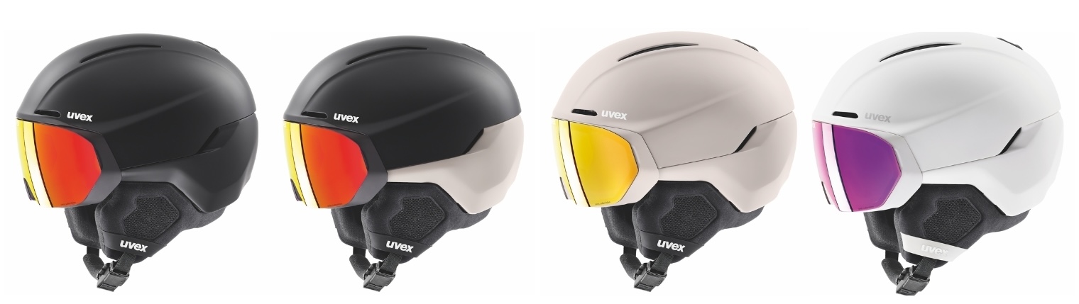Four helmet and visor combinations from the uvex horizon family in black, grey and white.
