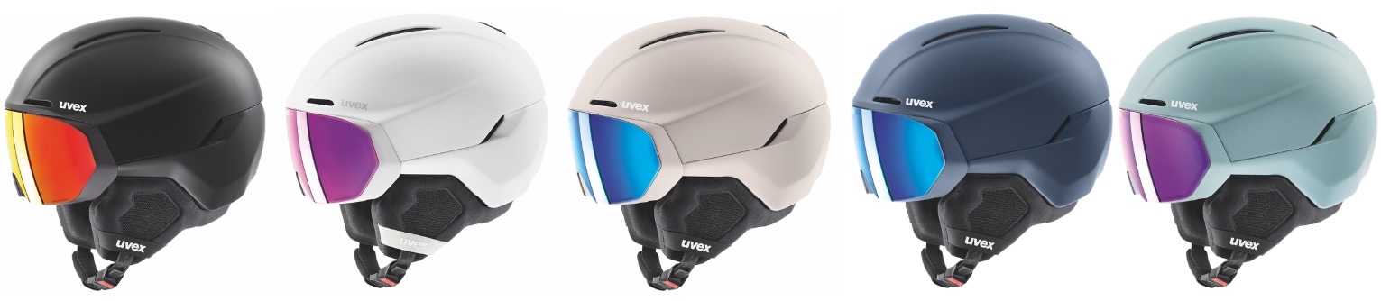 Five colour variants of the uvex horizon family, including dark blue and teal, with coloured visors.