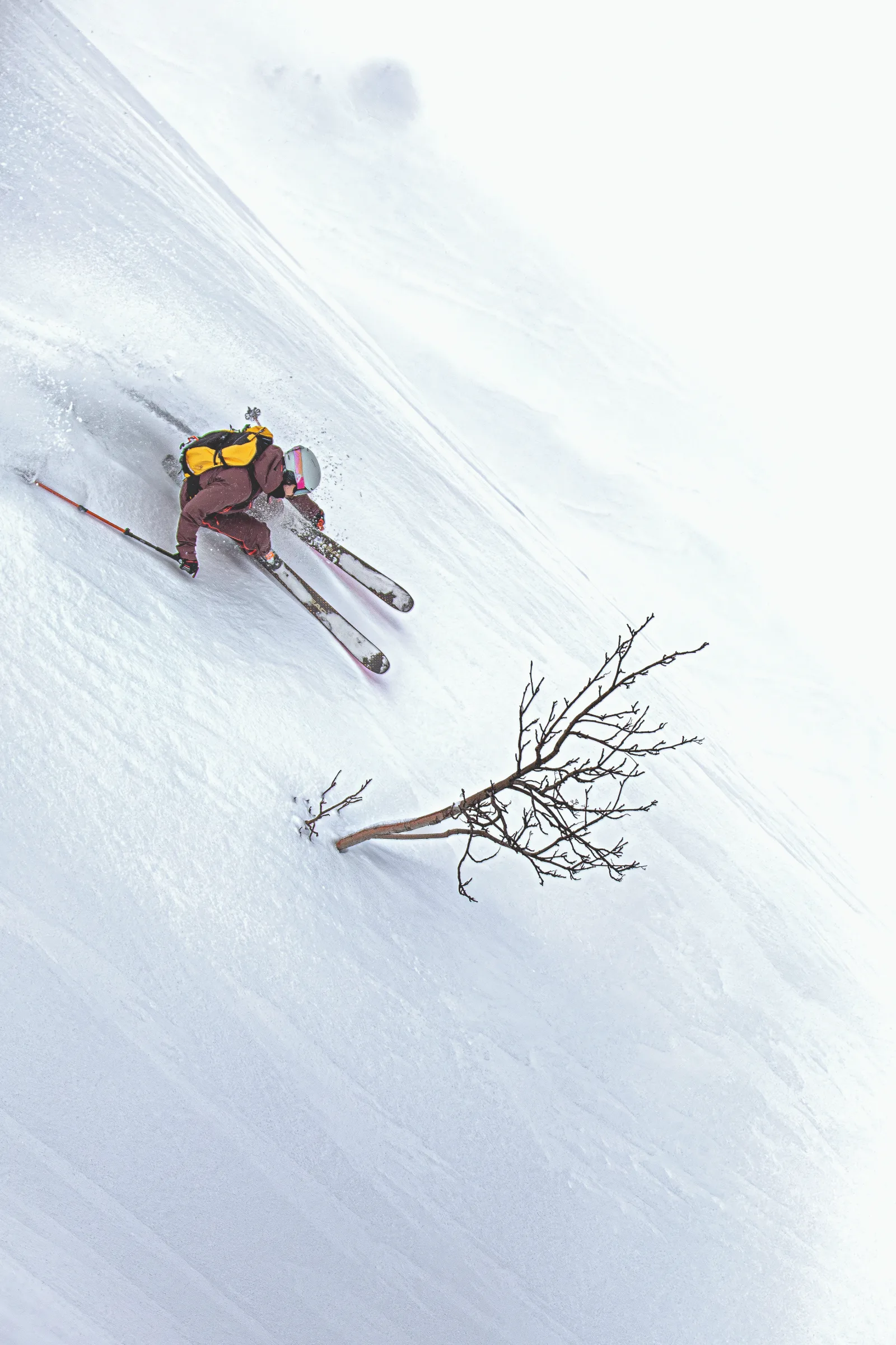 Florian Eigler skis down a steep snowy slope in Gastein in a low crouch, wearing a yellow backpack beside a bare tree protruding from the snow.